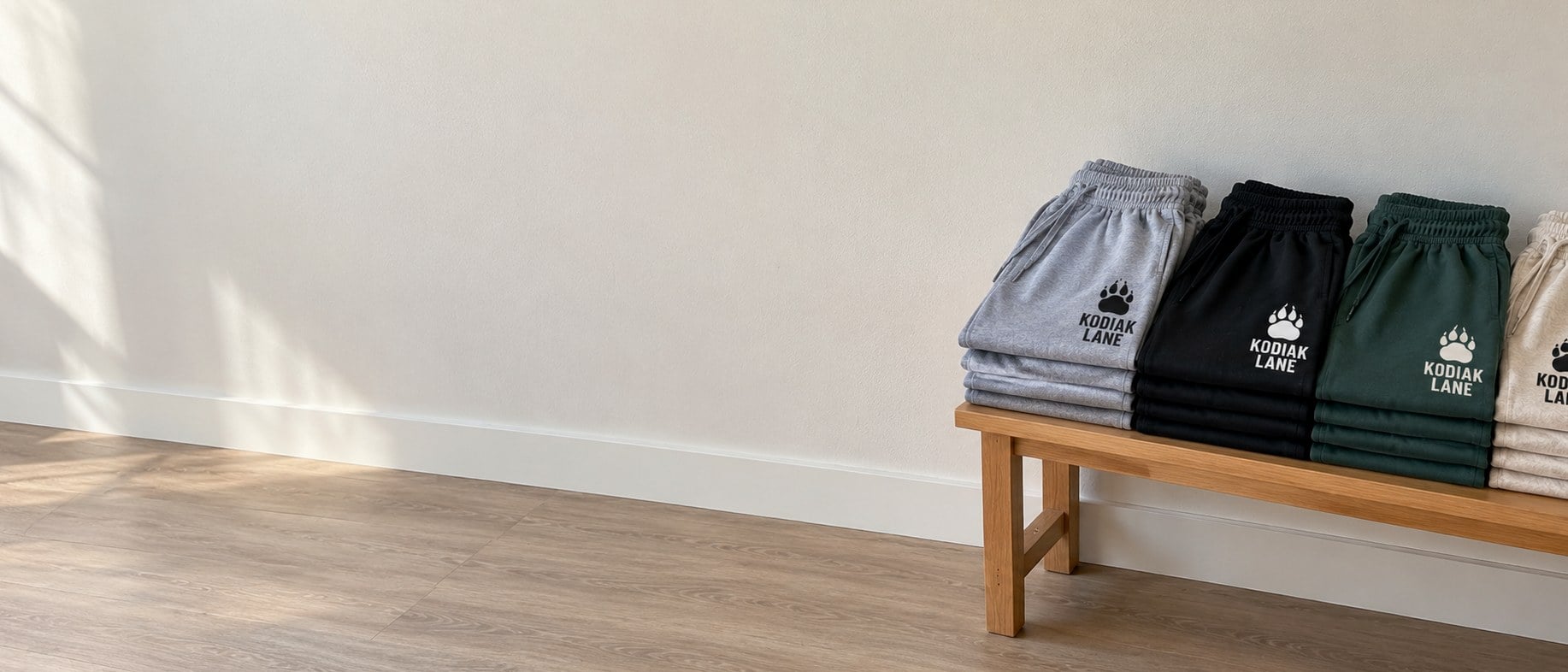 Custom sweatpants folded in stacks on a wooden bench